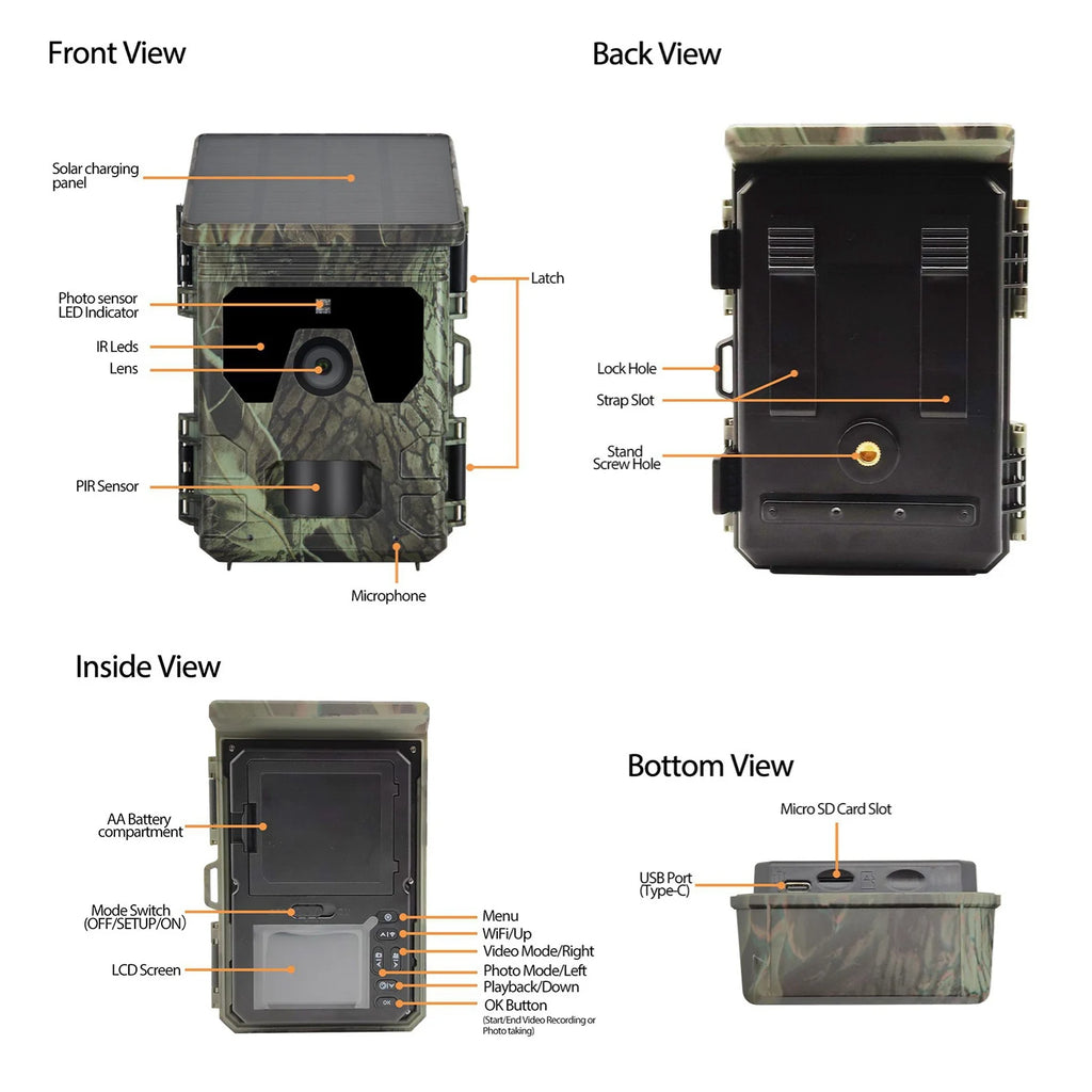 Solar Powered Night Vision Trail Camera 50MP 4K Hunting Cameras 0.3s Trigger Time Trail Camera for Wildlife Monitoring Hunting